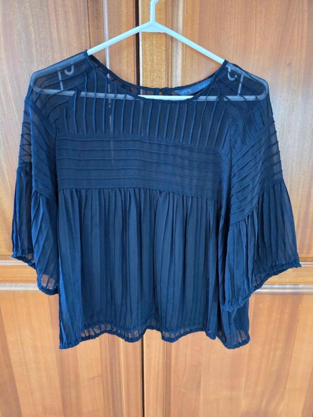 ZARA semi sheer pleated black blouse TRF collection large